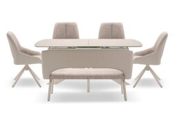 Tino Large Pop-up Extending Dining Table with 4 Swivel Chairs and a High Back Bench in Two Tone Upholstery