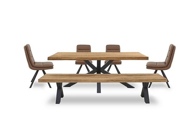 Bodahl - Njord Raw Edge Dining Table with Metal Star Base, Bench and 4 Tan Faux Leather Swivel Chairs - 240-cm