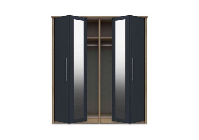 London Bedrooms - Chelsea 4 Door Bifold Wardrobe with 2 Mirror Doors and Silver Handles - Royal Blue