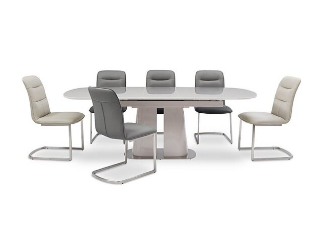 Cashmere Large Pop-Up Extending Dining Table with 4 Charcoal Chairs and 2 Taupe Chairs