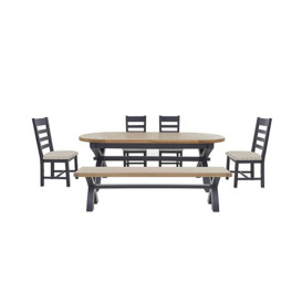 Hewitt Oval Extending Dining Table, 4 Slatted Chairs and 180 cm Bench - Blue/Natural Check Wool