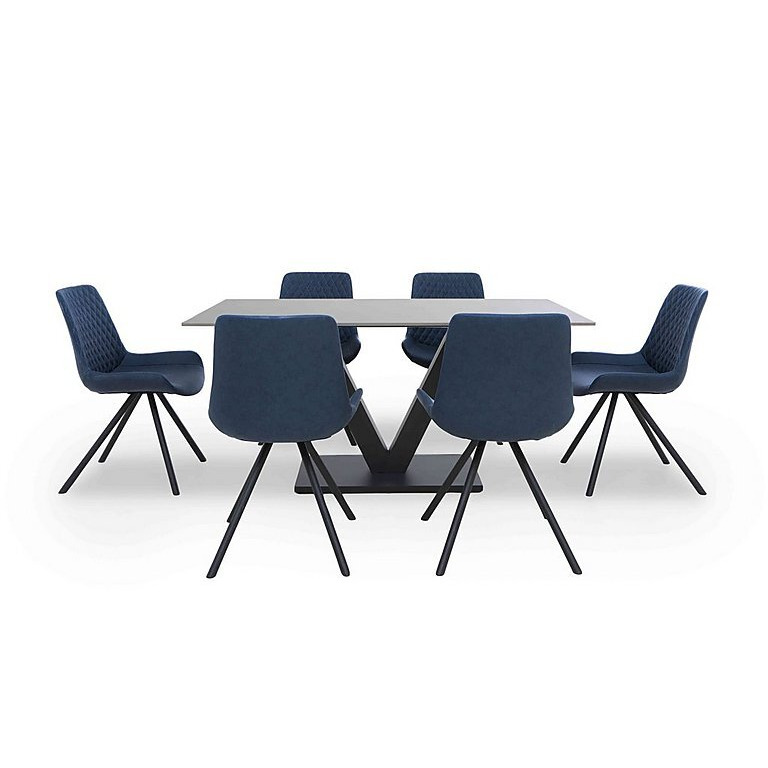 Ion Fixed Dining Table with 6 Fabric Chairs - 160-cm - Mineral Blue
