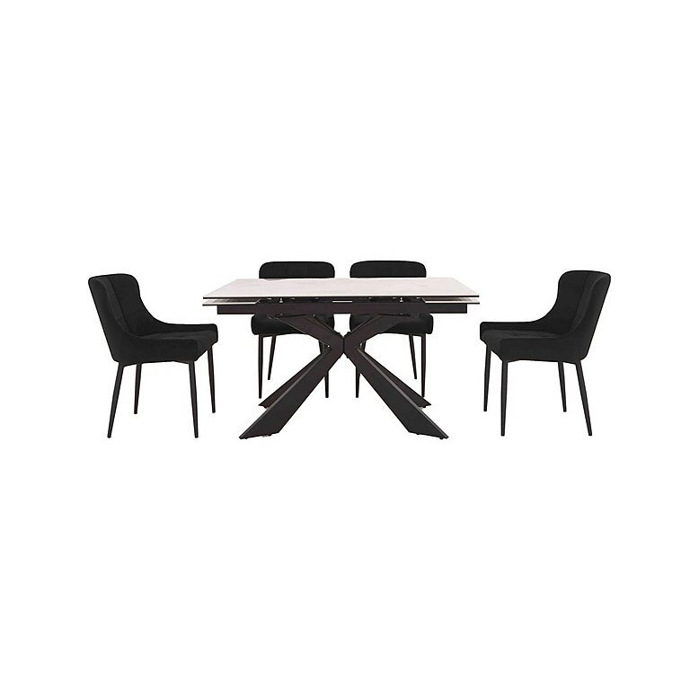 Kos Extending Dining Table with 4 Velvet Chairs Set - Black