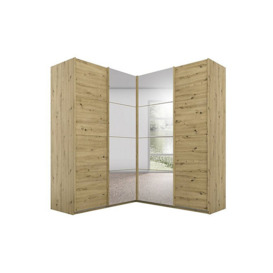 Rauch - Lima 181cm 4 Door Corner Sliding Wardrobe with 2 Decor and 2 Mirror Doors 210cm Tall - Art Oak