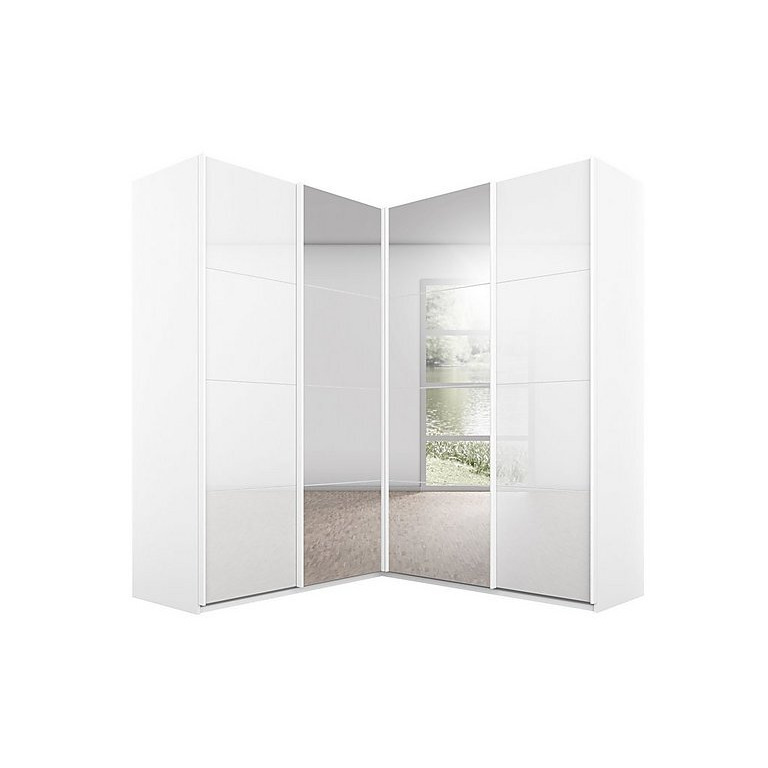 Rauch - Lima 181cm 4 Door Corner Sliding Wardrobe with 2 Glass and 2 Mirror Doors 210cm Tall - White