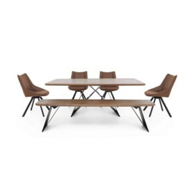 Lucio 200cm Dining Table with 200cm Bench and 4 Faux Leather Swivel Chairs - Brown