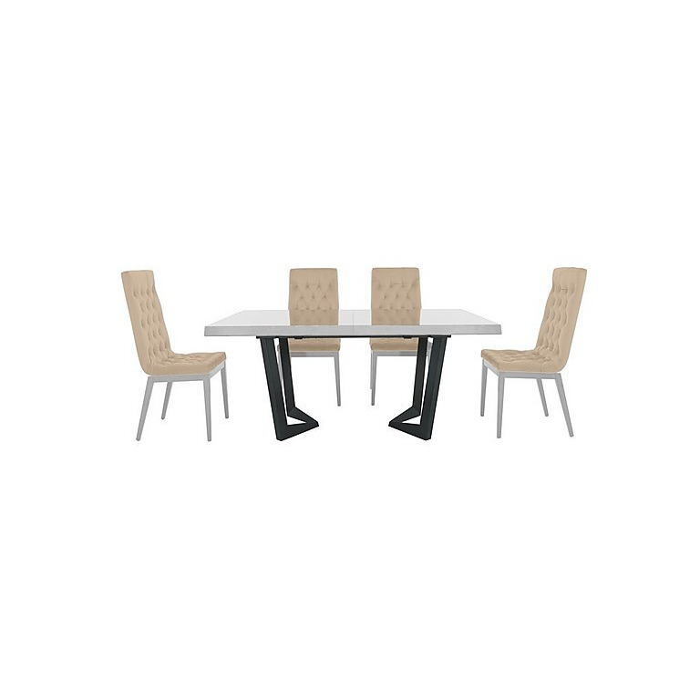 Palazzo 160cm Extending Dining Table in Glossy White with 4 Capitonne Buttoned Chairs - Aquos Cream