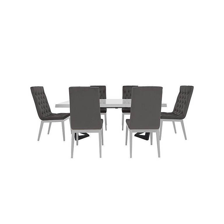 Palazzo 160cm Extending Dining Table in Glossy White with 6 Capitonne Buttoned Chairs - Aquos Dark Grey