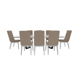 Palazzo 200cm Extending Dining Table in Glossy White with 8 Capitonne Buttoned Chairs - Aquos Taupe