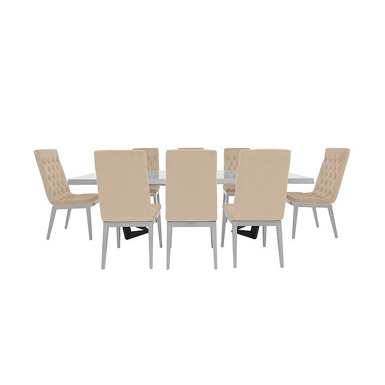 Palazzo 200cm Extending Dining Table in Glossy White with 8 Capitonne Buttoned Chairs - Aquos Cream