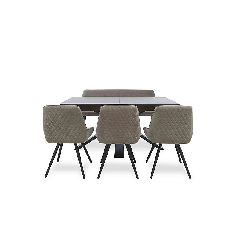 Saigon Extending Table with Metal Base and 3 Taupe Velvet Dining Chairs and Dining Bench