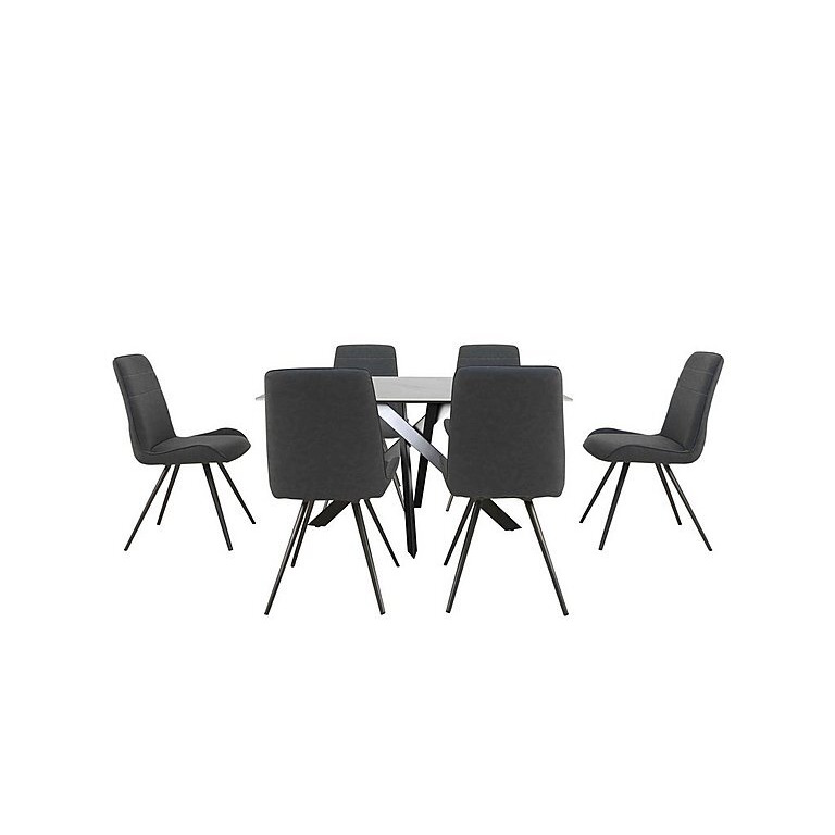 Samurai Compact Dining Table with White Ceramic Top and 6 Dark Grey Faux Leather Chairs