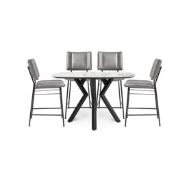 Habufa - Toronto Table and 4 Light Grey Faux TO Leather Fixed Bar Stools - White