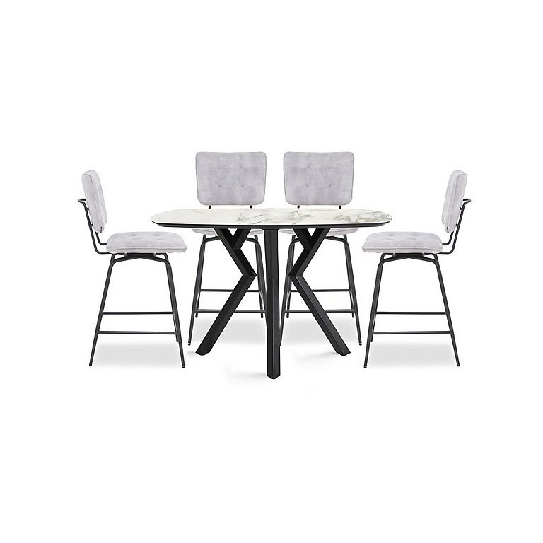 Habufa - Toronto Table and 4 Light Grey Velvet Swivel Bar Stools - White