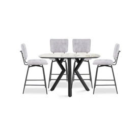 Habufa - Toronto Table and 4 Light Grey Velvet Swivel Bar Stools - White
