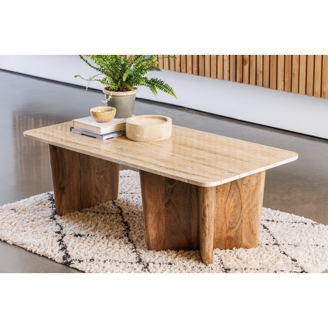 Arcadia Mango Wood Coffee Table with Travertine Tops - Mango Wood