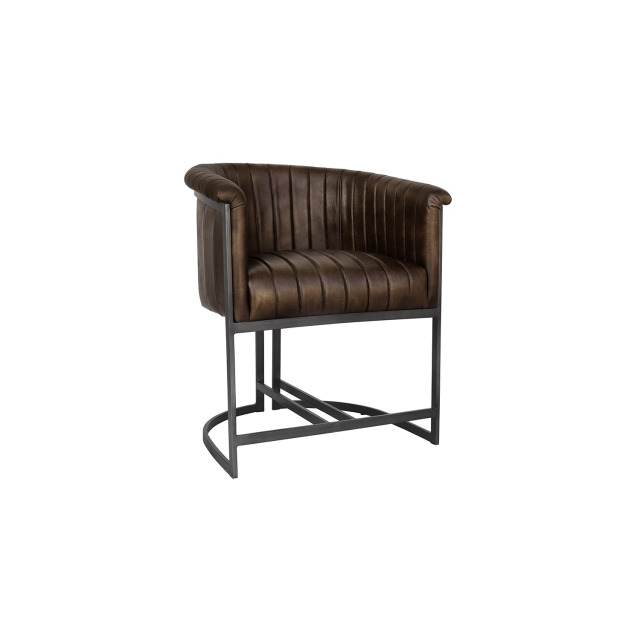 Leather and Iron Tub Chair in Brown PU Leather - Brown