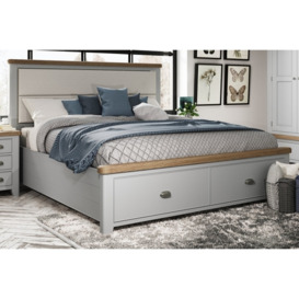 Smoked Oak Painted Grey Bed Frame with Upholstered Headboard and Drawers - Double