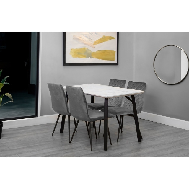 1.2m Marble Dining Table Set with 4 x Retro Grey Velvet Chairs - Marble