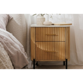 Rufus Reeded Mango Wood and Marble 2 Drawer Bedside Table - Mango Wood