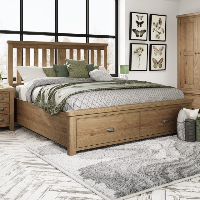Smoked Oak Bed with Wooden Headboard and Drawers - Double