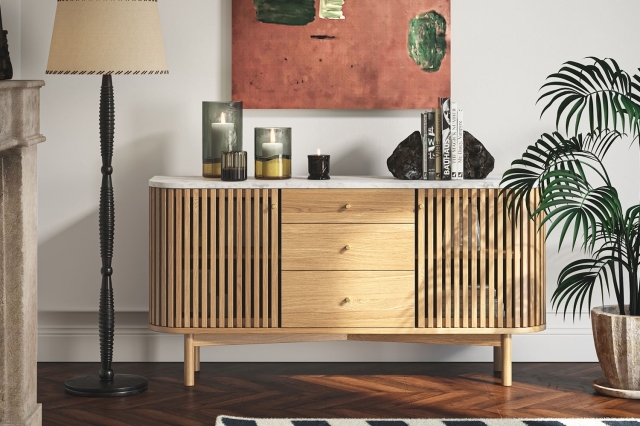 Soho Natural Oak Slatted Sideboard with Drawers and Marble Top - Oak