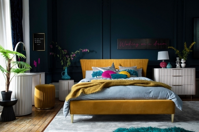 Lotus Velvet Pleated Bed Frame in Yellow Turmeric - King Size - Yellow