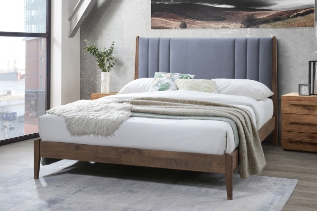 Landywood Dark Wood Bed Frame with Dark Grey Velvet Headboard - Double