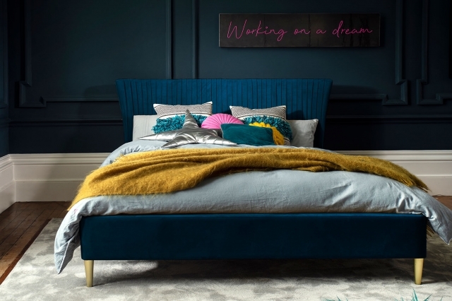 Lotus Velvet Pleated Bed Frame in Teal Blue - King Size - Blue