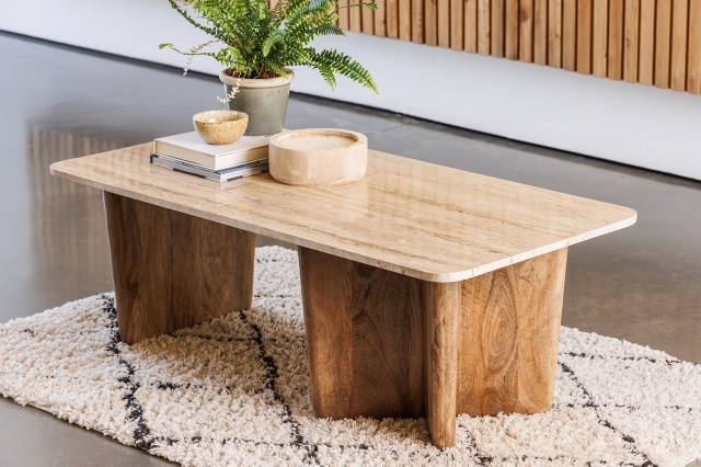 Arcadia Mango Wood Coffee Table with Travertine Tops - Mango Wood