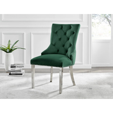 2x Belgravia Green Velvet Knockerback Dining Chairs Silver Leg