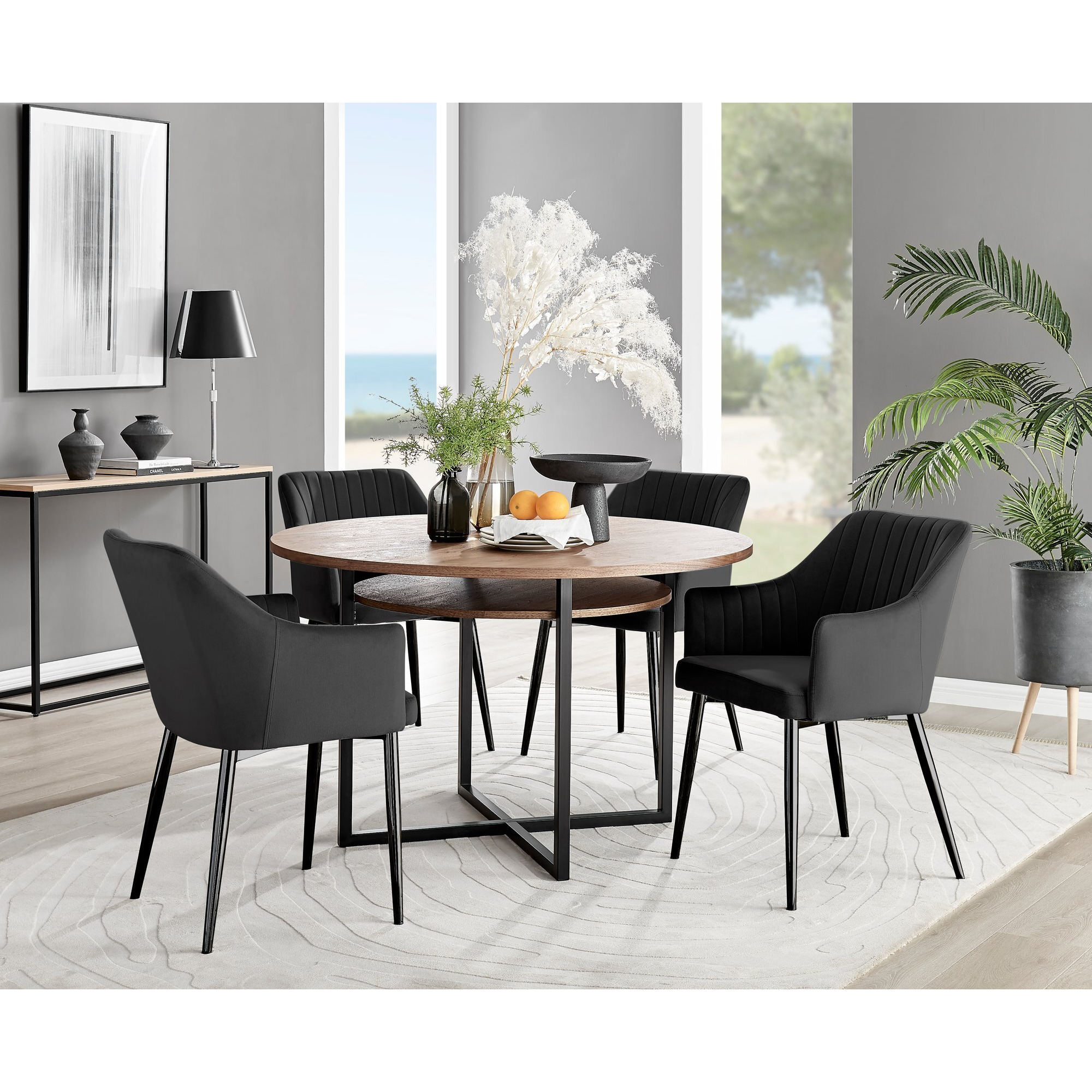 Adley Brown Wood Storage Dining Table & 4 Calla Black Leg Chairs