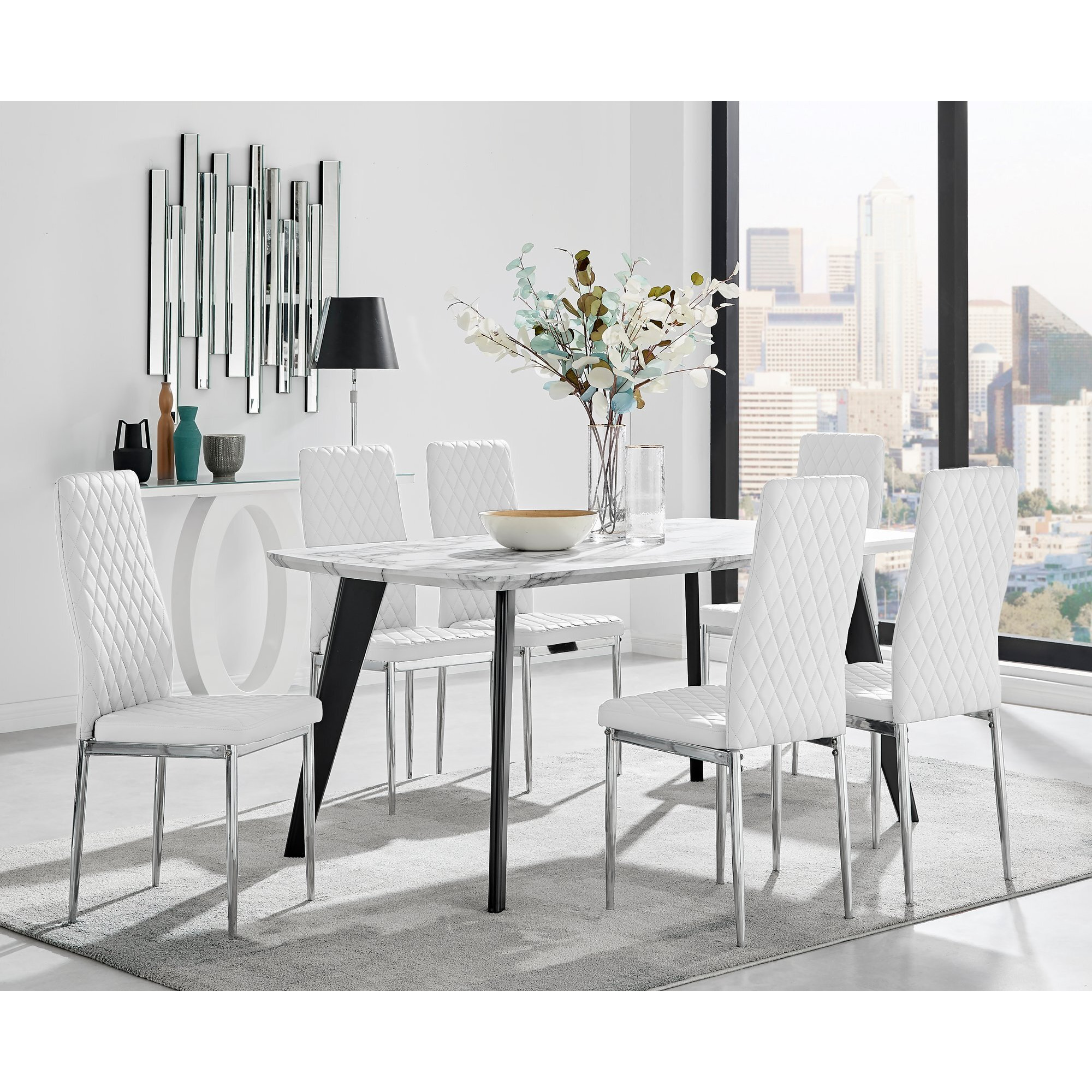 Andria Black Leg Marble Effect Dining Table and 6 Milan Chairs