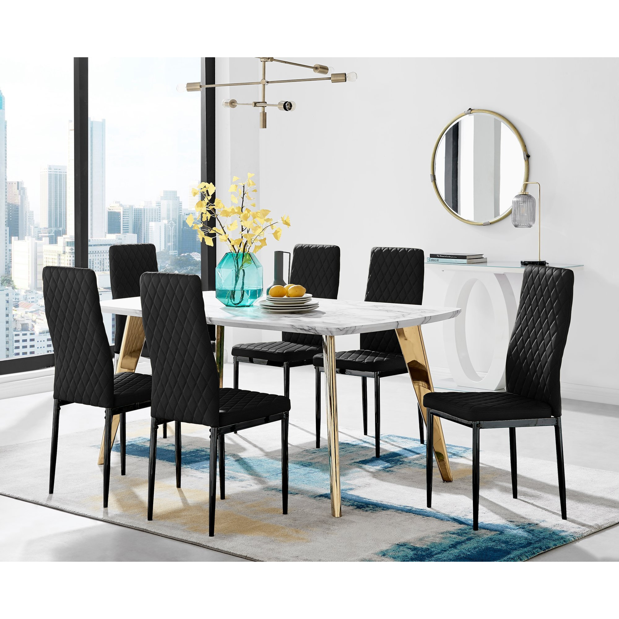 Andria Gold Leg Marble Effect Dining Table and 6 Velvet Milan Black Leg Chairs