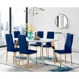 Andria Gold Leg Marble Effect Dining Table and 6 Velvet Milan Gold Leg Chairs