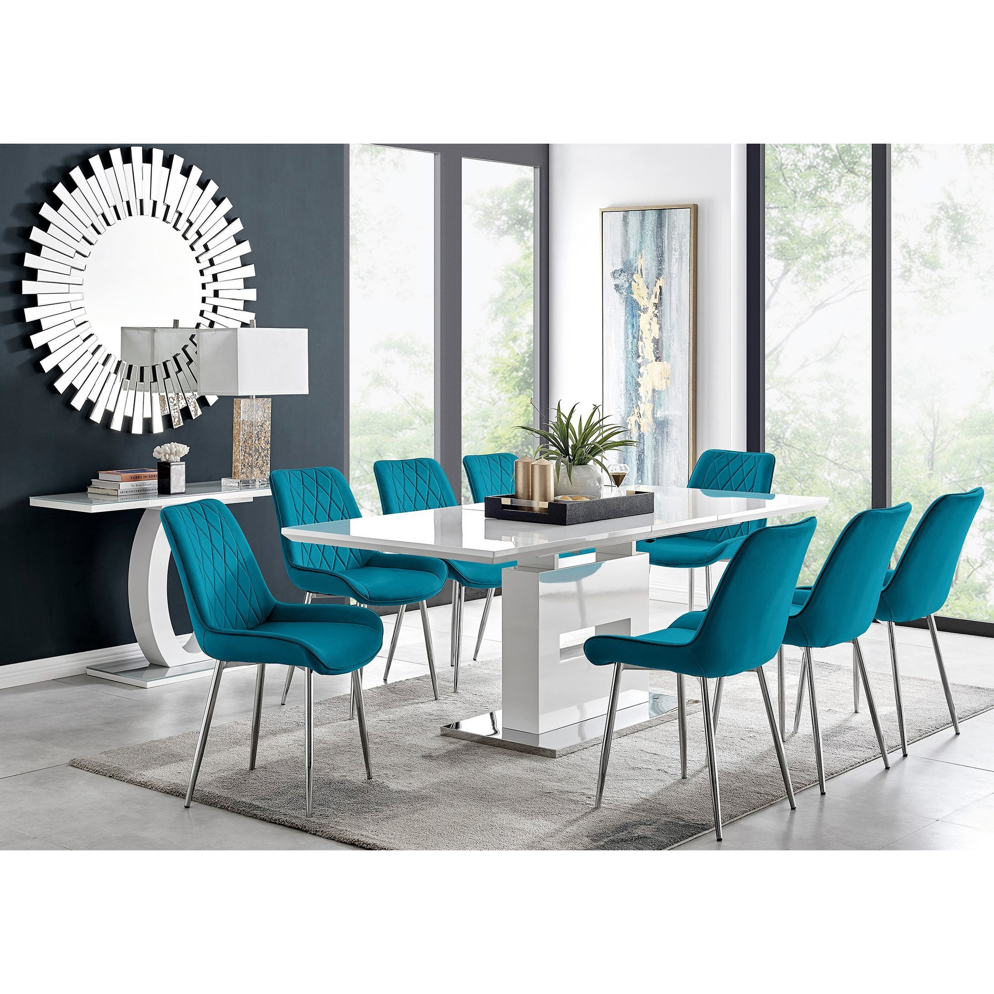 Arezzo Large Extending Dining Table and 8 Pesaro Silver Leg Chairs