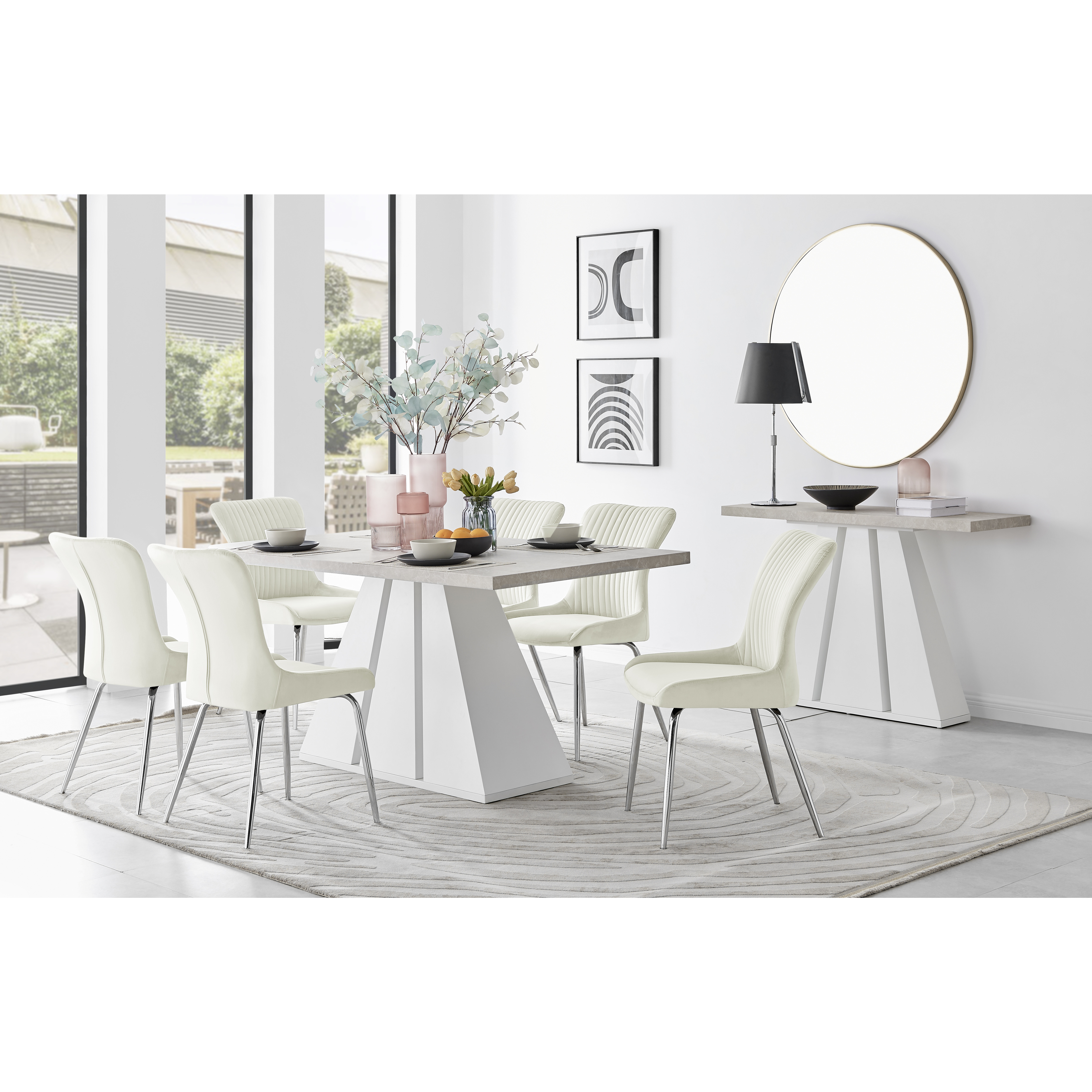Athens Beige Stone Dining Table & 6 Nora Silver Leg Chairs - Furniturebox UK