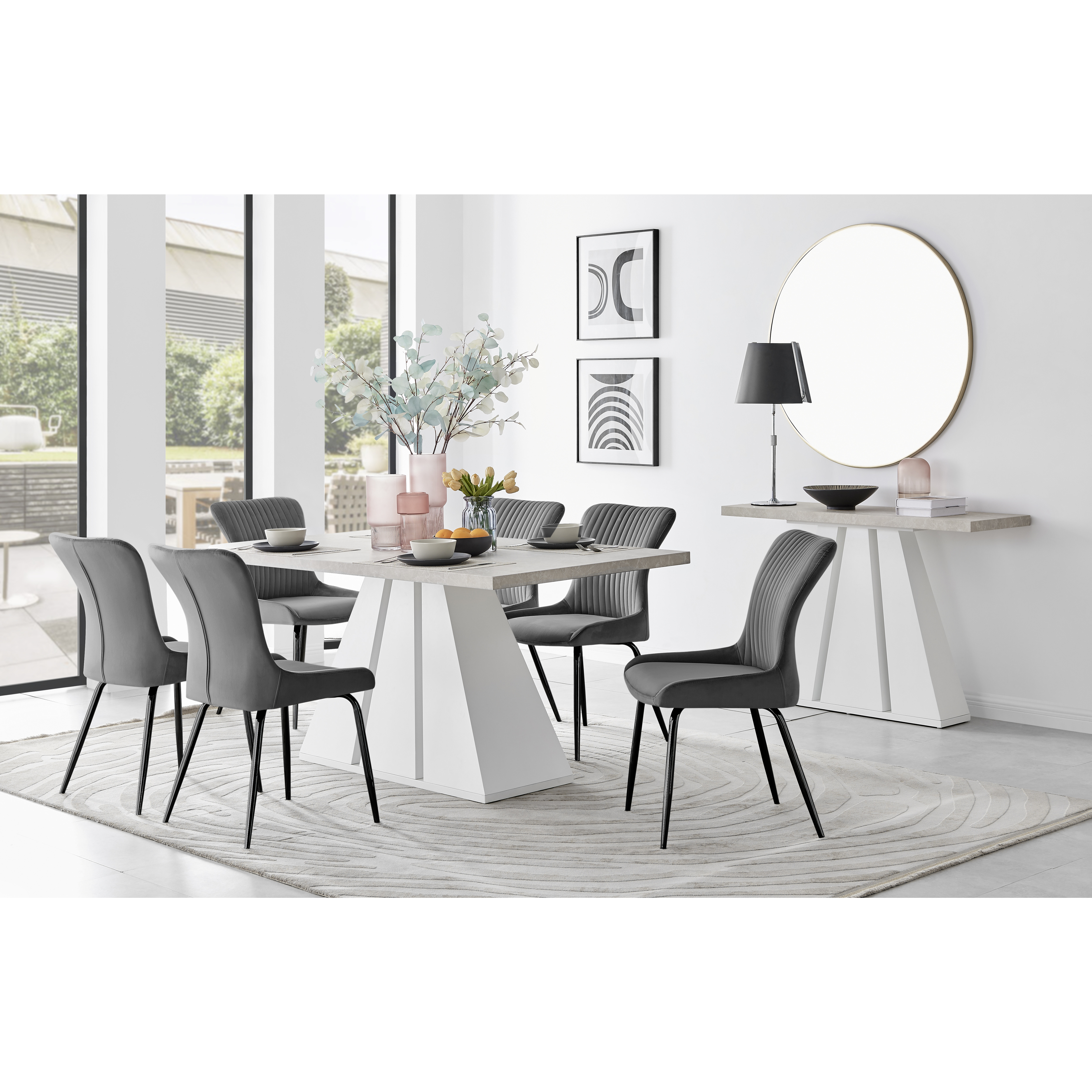 Athens Beige Stone Dining Table & 6 Nora Black Leg Chairs - Furniturebox UK