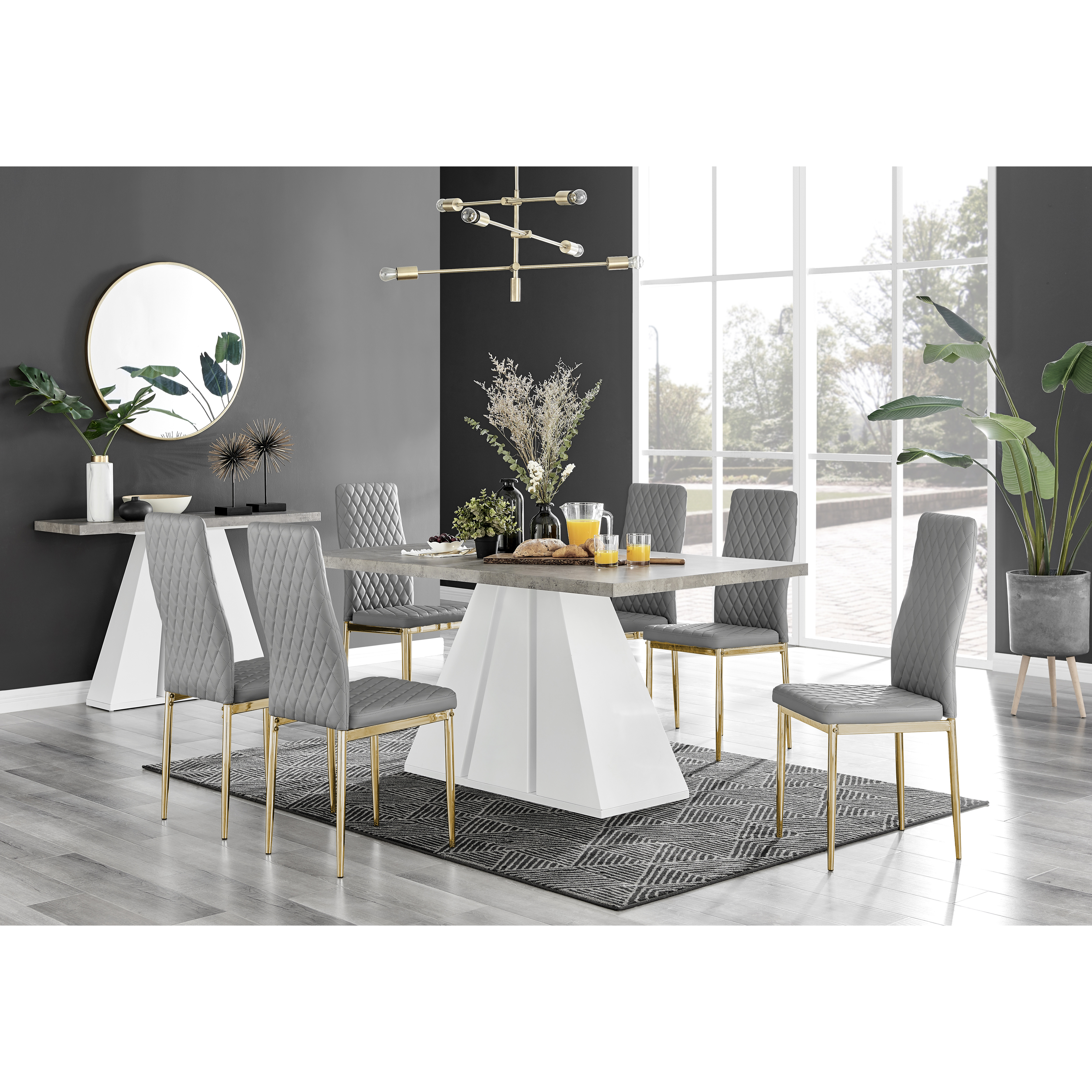 Athens Grey Concrete Effect Dining Table & 6 Milan Gold Leg Chairs