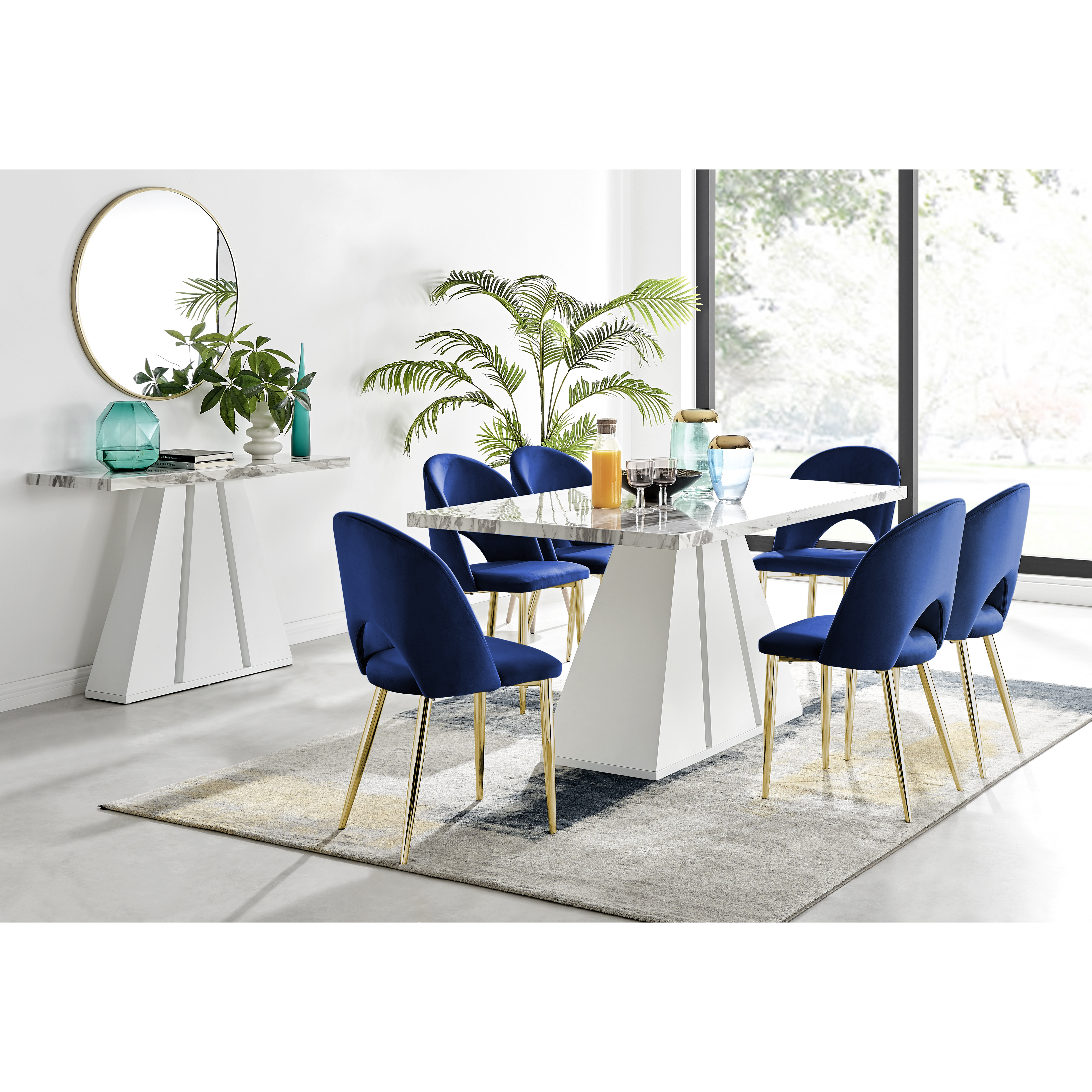 Athens White Marble Dining Table & 6 Arlon Gold Leg Chairs