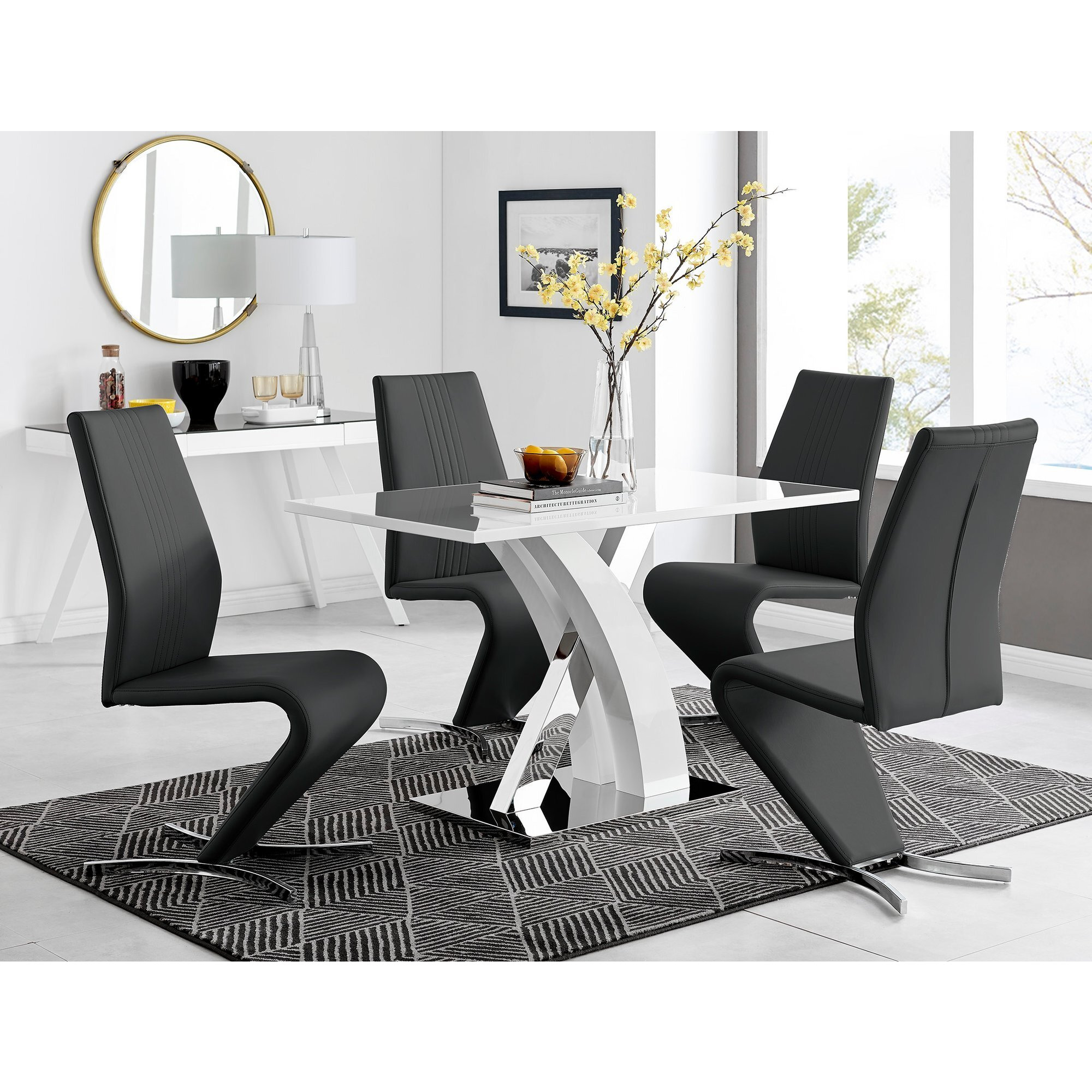 Atlanta White High Gloss And Chrome Metal Rectangle Dining Table And 4 Willow Dining Chairs Set