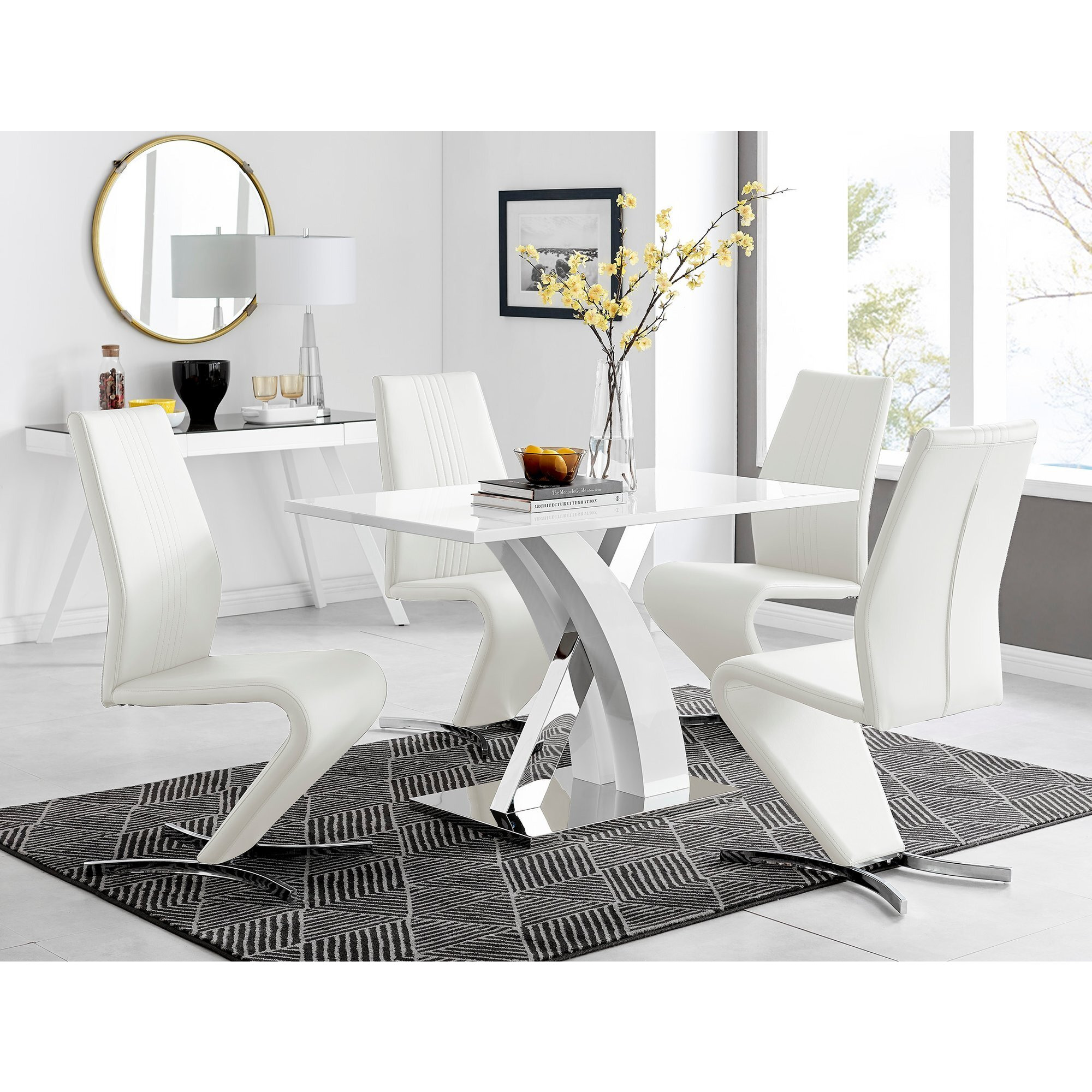 Atlanta White High Gloss And Chrome Metal Rectangle Dining Table And 4 Willow Dining Chairs Set