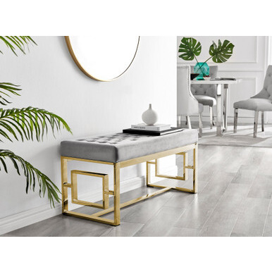 Gold & Grey Velvet Upholstered Bench - Furniturebox