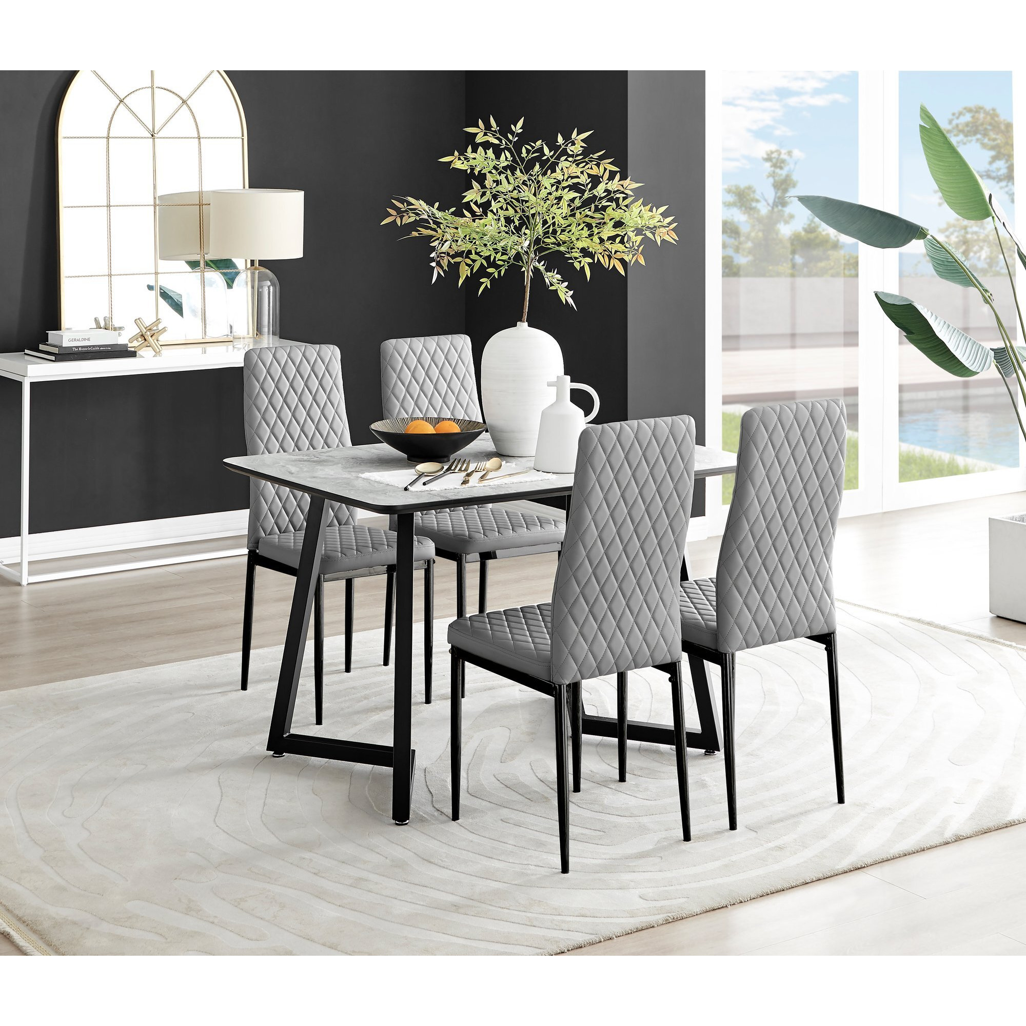 Carson White Marble Effect Dining Table & 4 Milan Black Leg Chairs