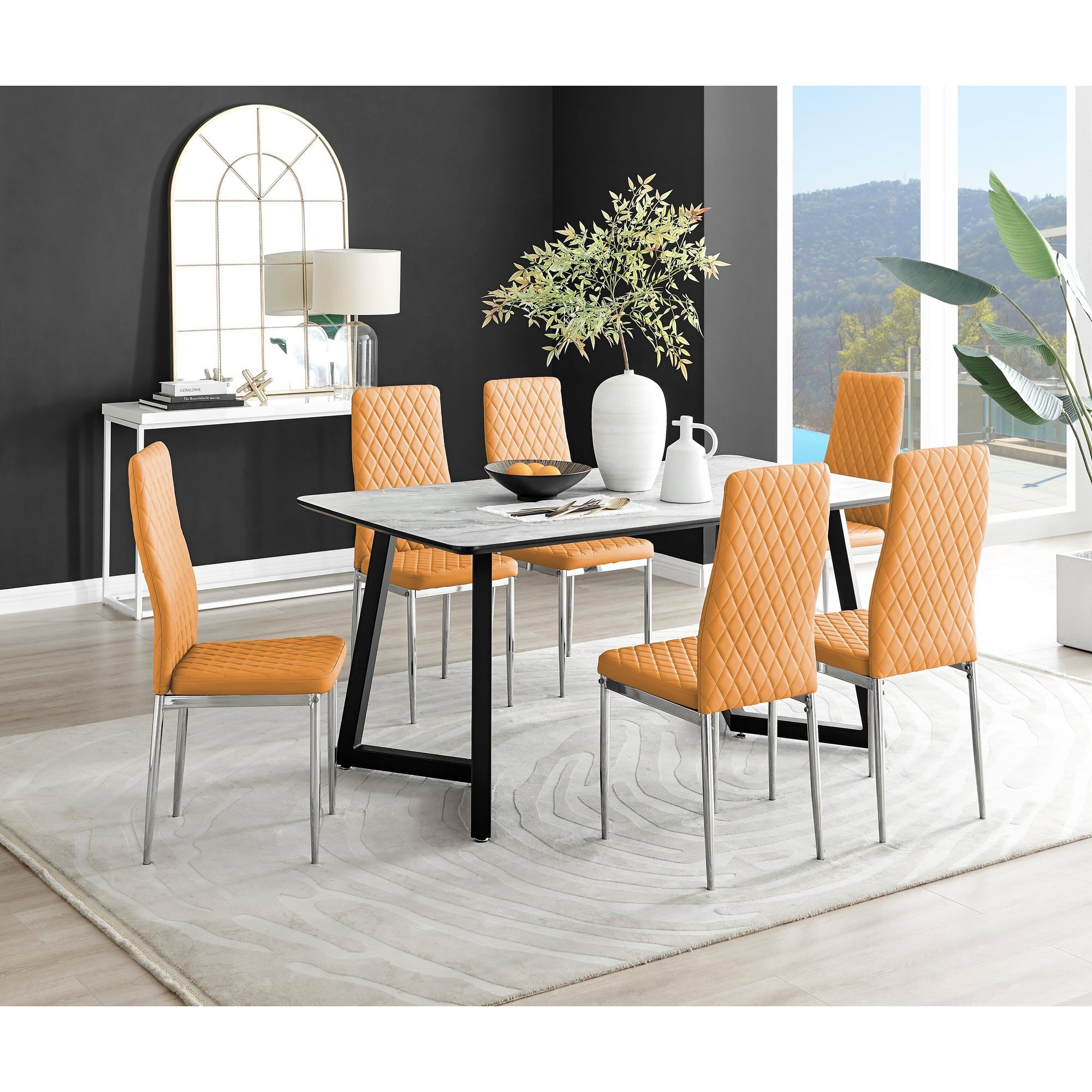 Carson White Marble Effect Dining Table & 6 Milan Chrome Leg Chairs