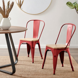 2x Colton 'Tolix' Style Red Metal Dining Chairs Wood Seat