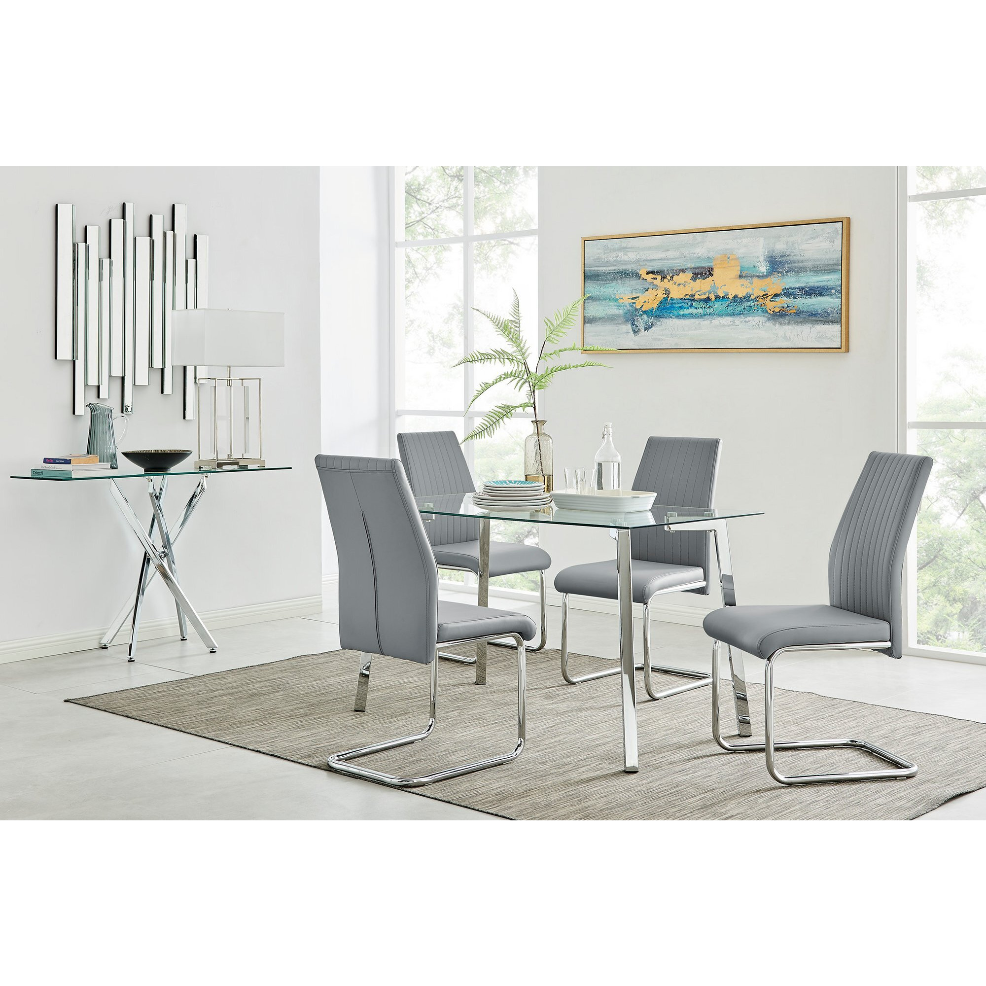 Cosmo Chrome Metal And Glass Dining Table And 4 Lorenzo Dining Chairs