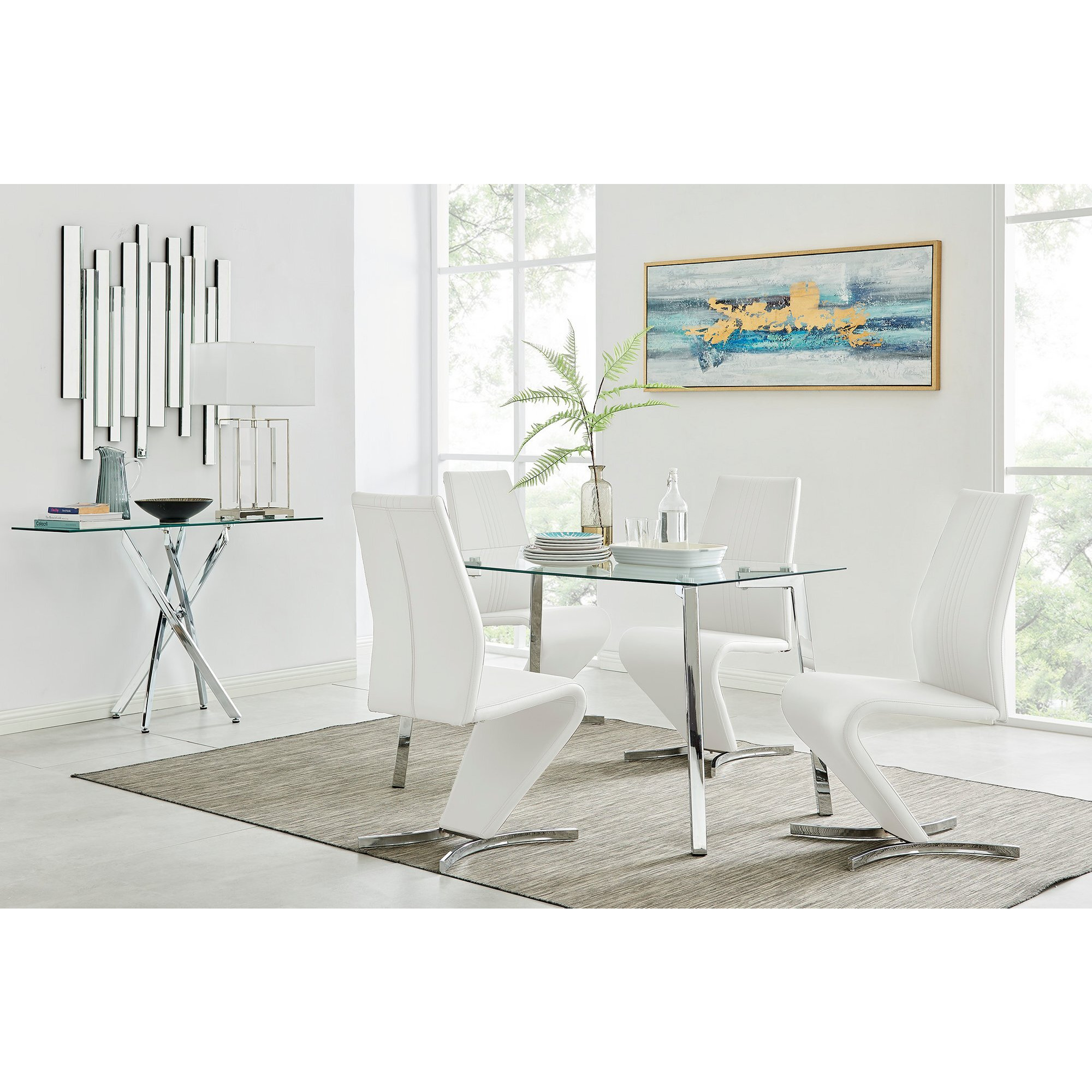 Cosmo Chrome Glass Dining Table And 4 Willow Dining Chairs Set