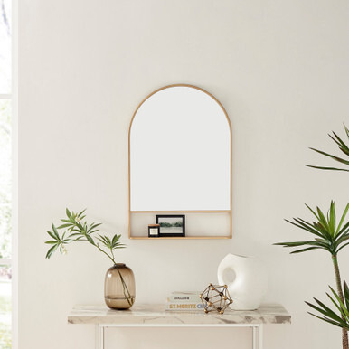 Dara Gold Metal Arch Wall Mirror with Shelf