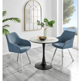 Elina White Marble Effect Round Dining Table & 2 Falun Silver Leg Chairs